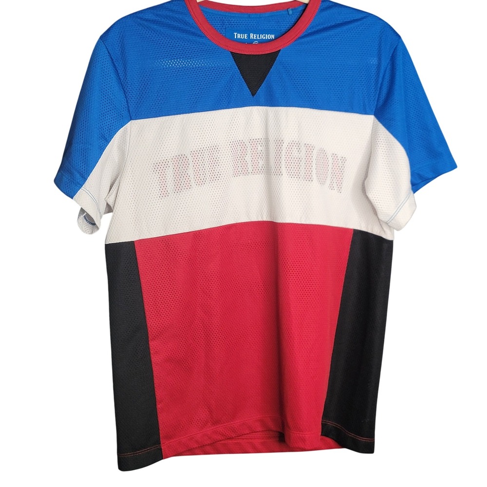 True Religion Jersey Shirt Mens Med Blue Colorblock Mesh Short Sleeve Patritoci